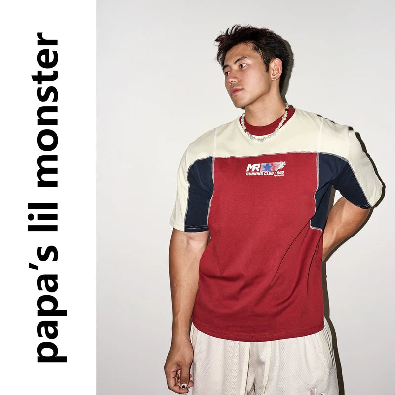 6104539700199,6104539700200,6104539700201, Retro Patchwork Topstitching Short-Sleeve T-Shirt