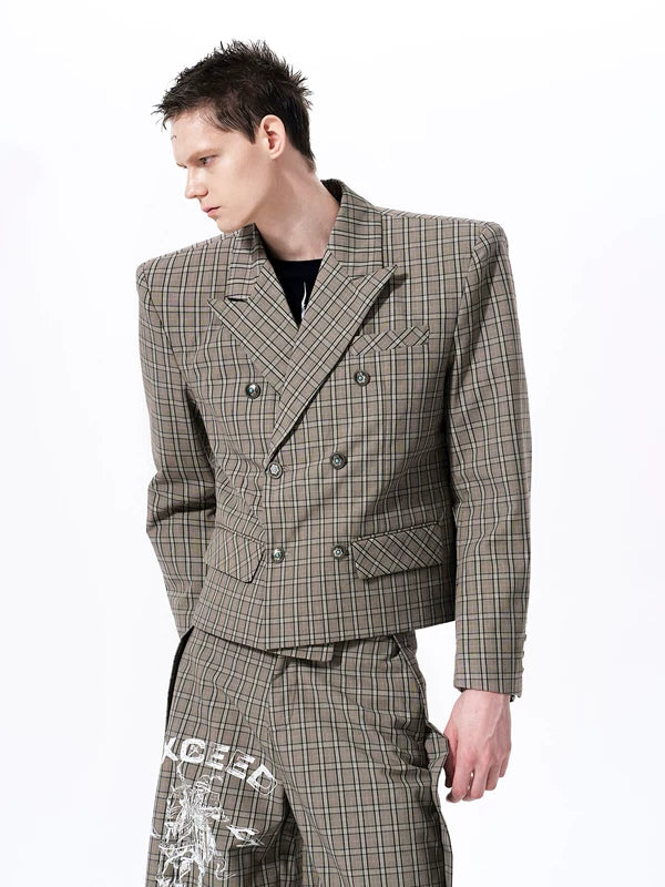 Retro Plaid Double-Breasted Suit Set 2