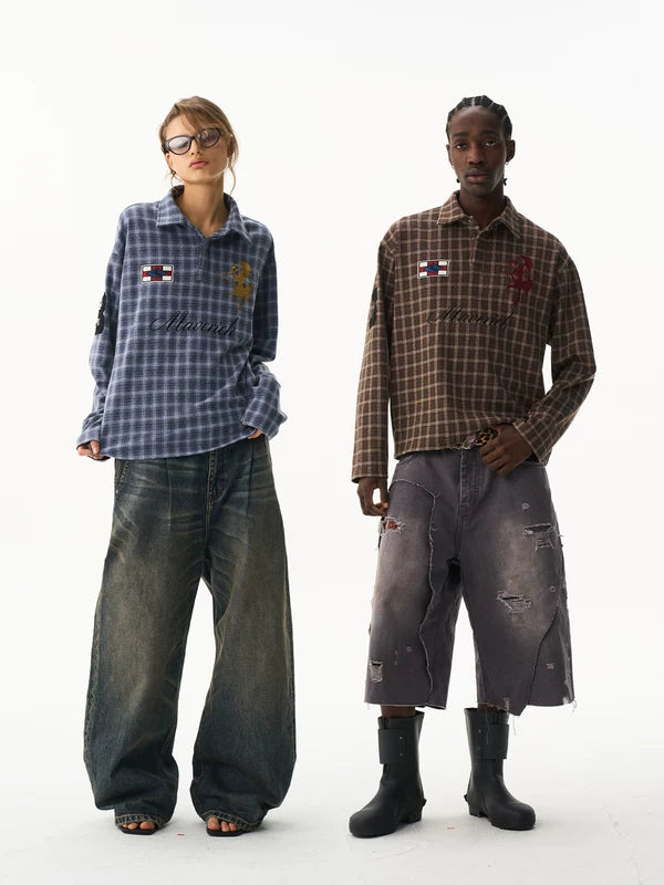 Retro Plaid Long-Sleeve Polo T-Shirt 1