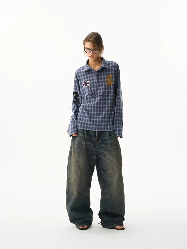 Retro Plaid Long-Sleeve Polo T-Shirt 2