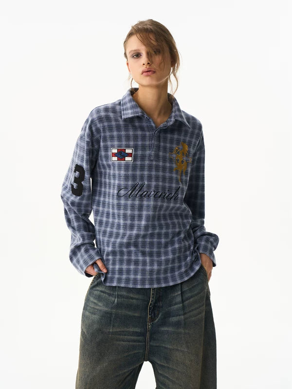 Retro Plaid Long-Sleeve Polo T-Shirt 4