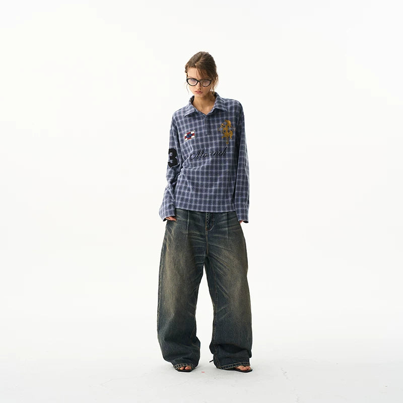 6020305740867,6020305740868,6020305740869,6020305740870, Retro Plaid Long-Sleeve Polo T-Shirt
