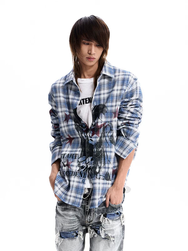 Retro Plaid Long-Sleeve Portrait Print Shirt 1