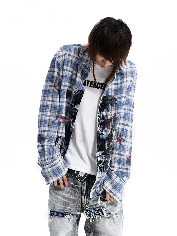 Retro Plaid Long-Sleeve Portrait Print Shirt 2