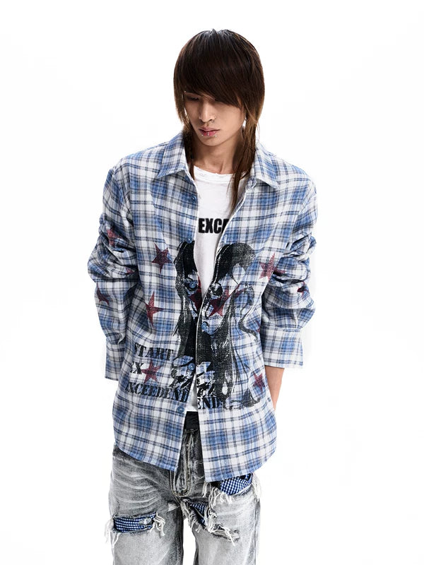 Retro Plaid Long-Sleeve Portrait Print Shirt 3