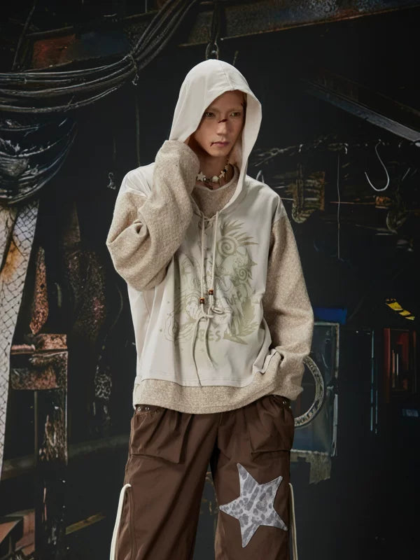 Retro Print Patchwork Hooded Sweatshirt 2