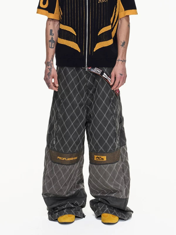 Retro Racing Diamond Pattern Wide-Leg Pants 1