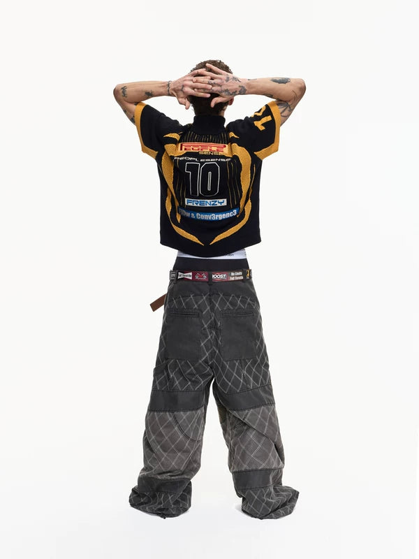 Retro Racing Diamond Pattern Wide-Leg Pants 3