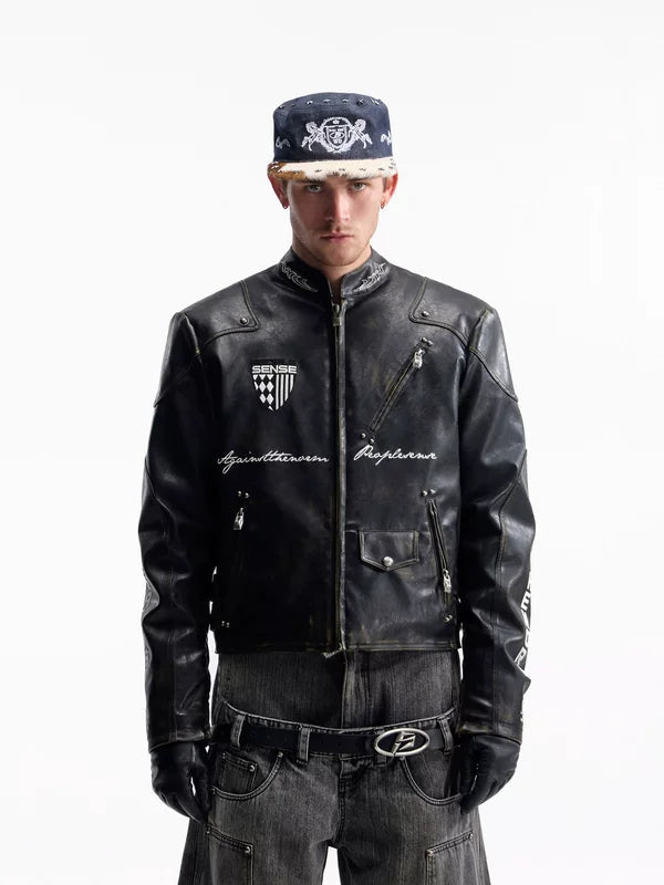 Retro Racing Distressed Leather Motorcycle Jacket 1