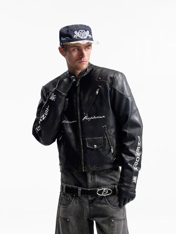 Retro Racing Distressed Leather Motorcycle Jacket 2