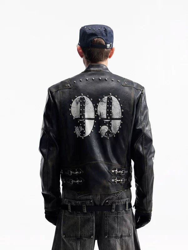 Retro Racing Distressed Leather Motorcycle Jacket 4
