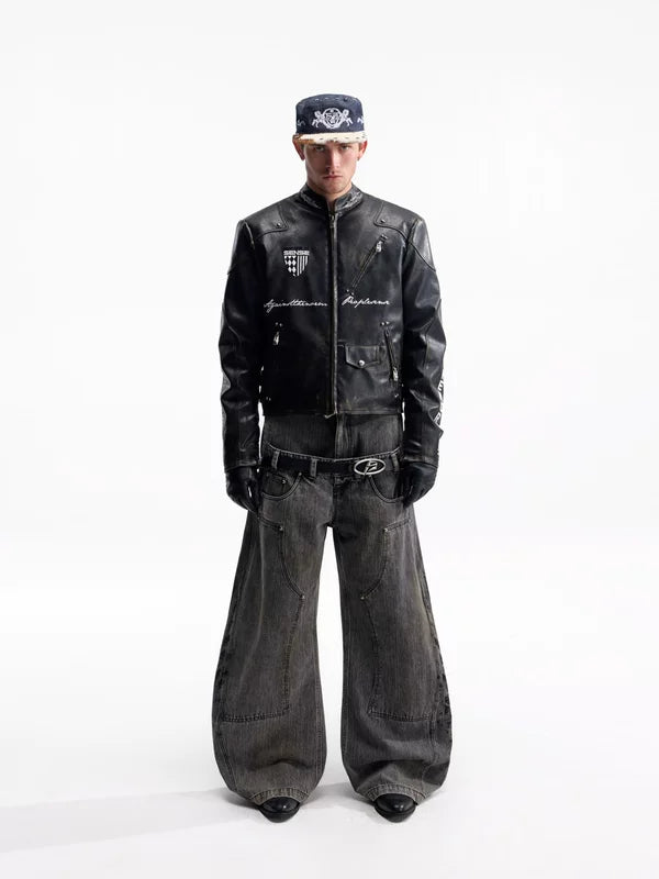 Retro Racing Distressed Leather Motorcycle Jacket 5