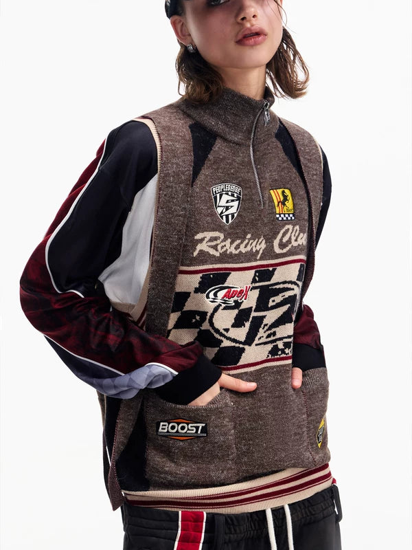 Retro Racing Knit High Neck Sweater Vest 1