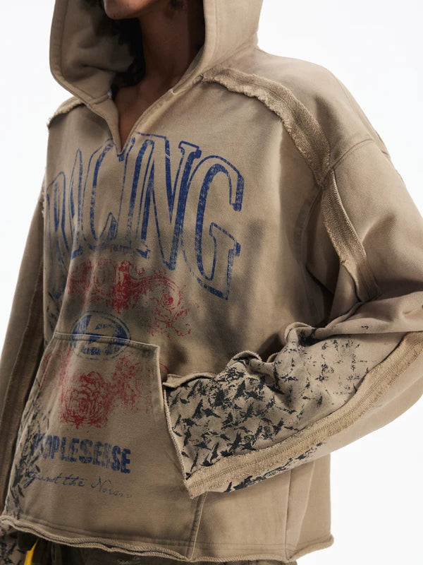 Retro Racing Print Distressed Hooded Sweatshirt 2