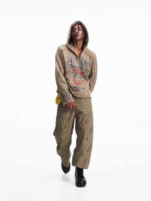 Retro Racing Print Distressed Hooded Sweatshirt 5