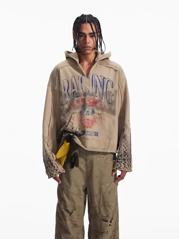6102162619315,6102162619316,6102162619317, Retro Racing Print Distressed Hooded Sweatshirt