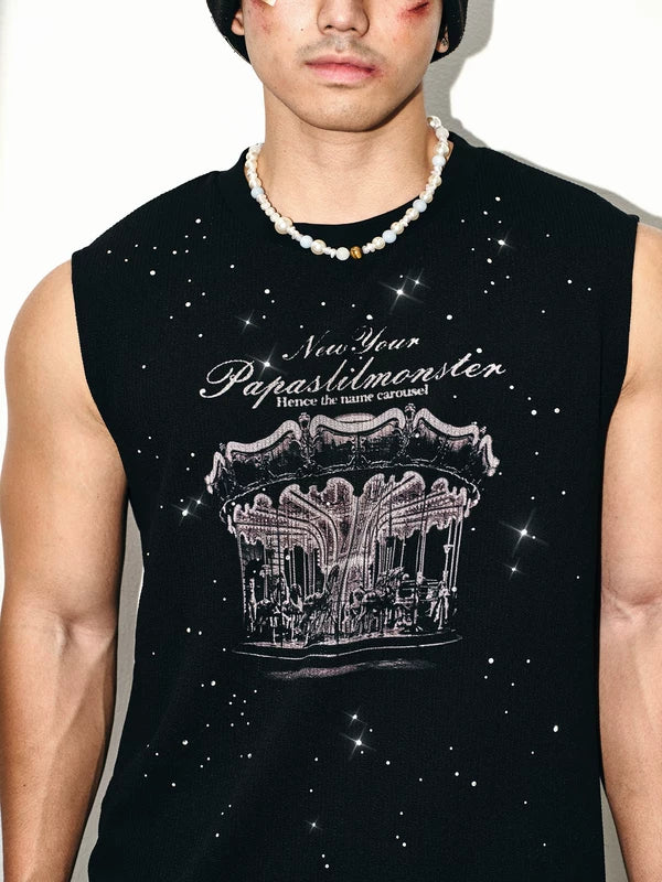 Retro Rhinestone Carousel Print Slim Vest 3
