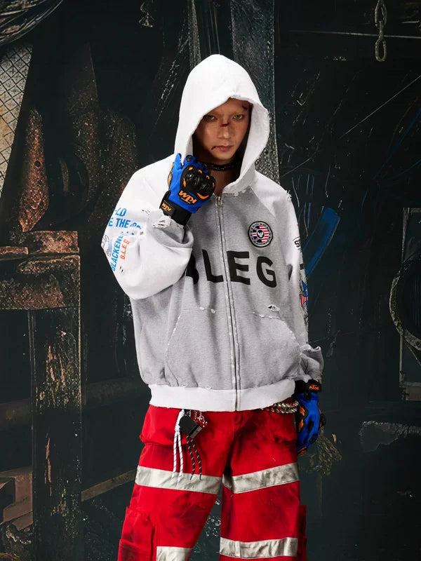 Retro Sport Zip-Up Distressed Hoodie 1