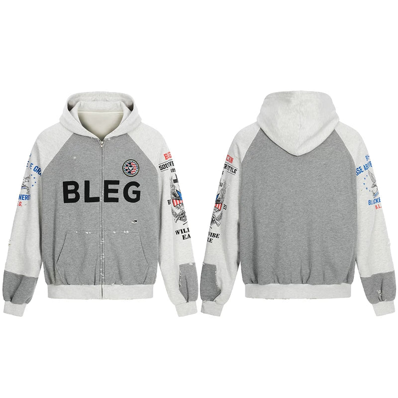 6181191434373,6181191434374,6181191434375,6181191434376, Retro Sport Zip-Up Distressed Hoodie