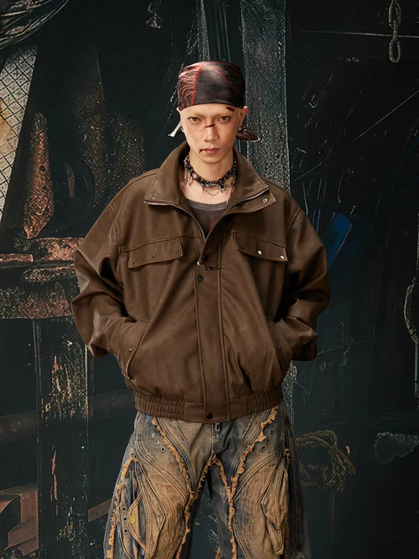 Retro Stand Collar Zip Leather Jacket 1