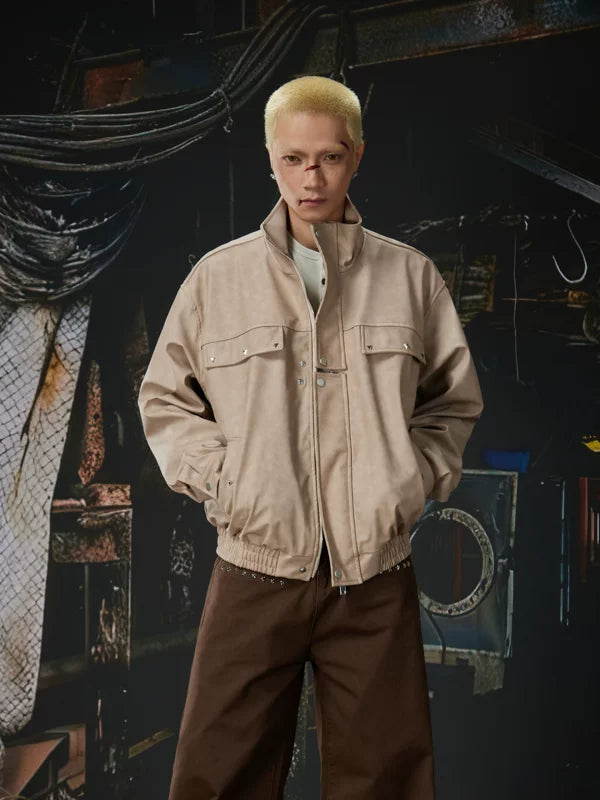Retro Stand Collar Zip Leather Jacket 2