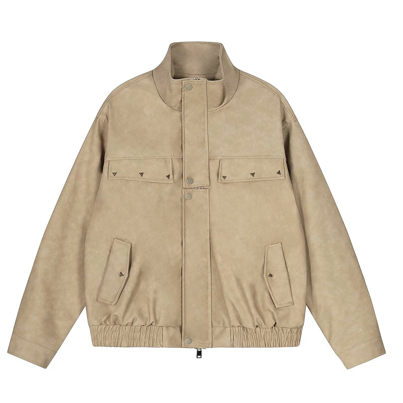 6194363899073,6194363899074,6194363899075, Retro Stand Collar Zip Leather Jacket