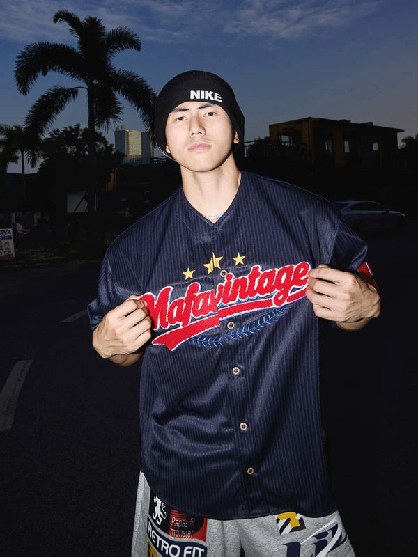 Retro Striped Embroidered Baseball Jersey Shirt 1