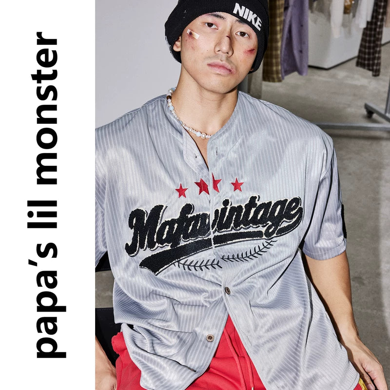 6254513707257,6254513707258,6254513707259, Retro Striped Embroidered Baseball Jersey Shirt