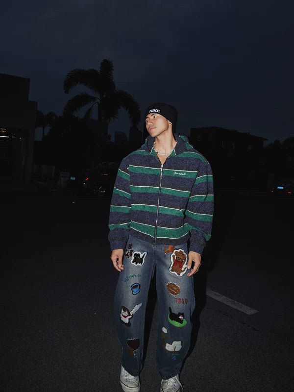 Retro Striped Loose Fit Zip-Up Hoodie 2