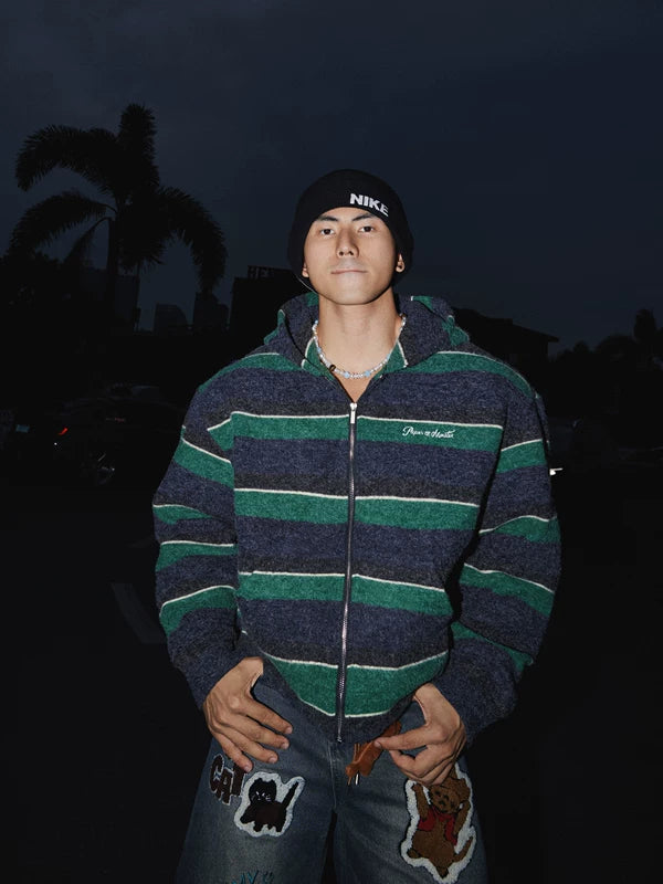 Retro Striped Loose Fit Zip-Up Hoodie 3