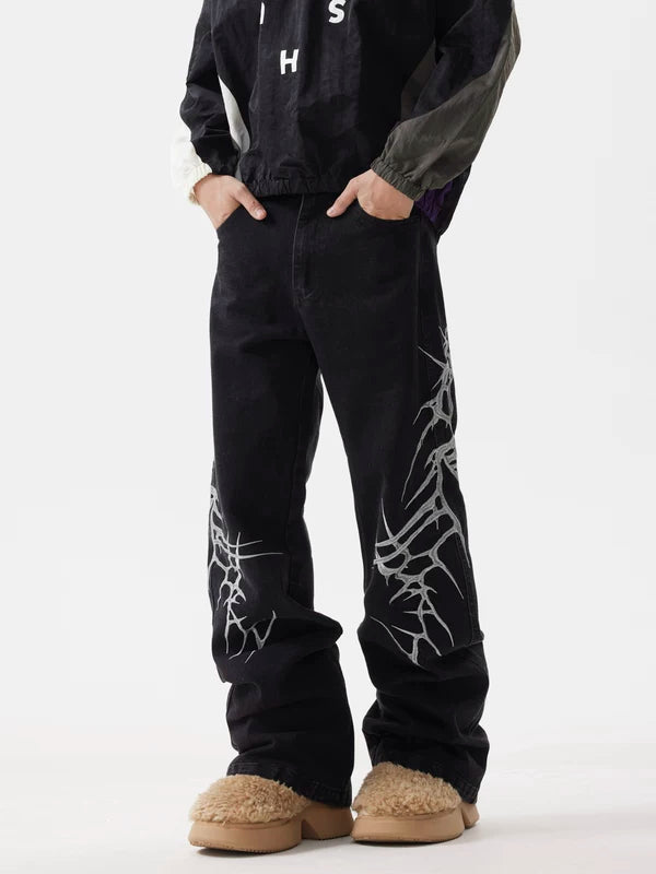 Retro Thorn Embroidery Flared Jeans Pants 1