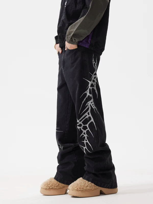 Retro Thorn Embroidery Flared Jeans Pants 2