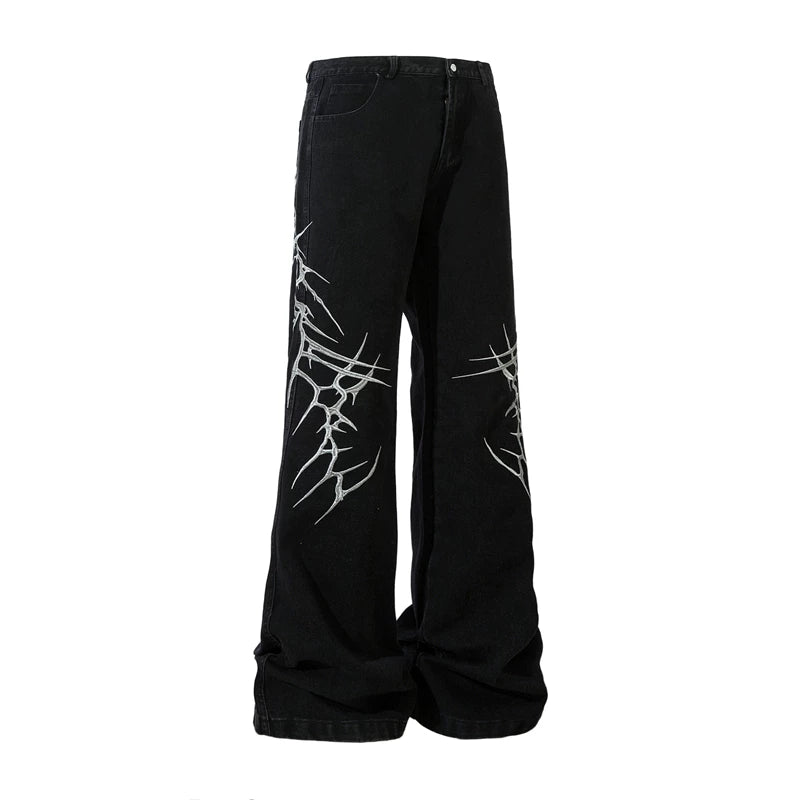 5521192872567,5521192872568,5521192872569,5521192872570, Retro Thorn Embroidery Flared Jeans Pants