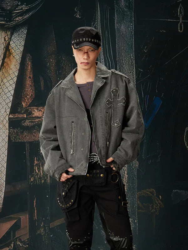 Retro Washed Distressed Zip-Up Workwear Jacket 1