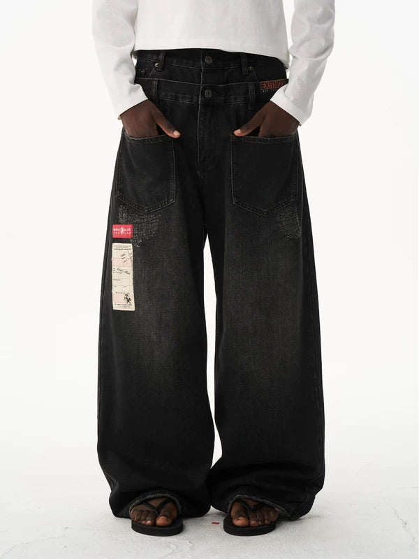 Retro Washed Double Waist Loose Jeans 1