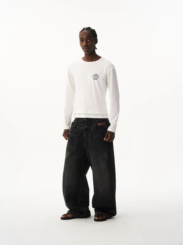Retro Washed Double Waist Loose Jeans 3