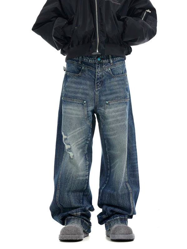 Retro Washed Ripped Baggy Wide-Leg Jeans 1