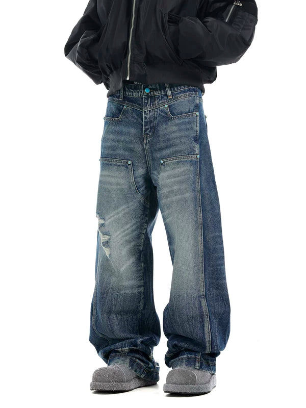 Retro Washed Ripped Baggy Wide-Leg Jeans 2