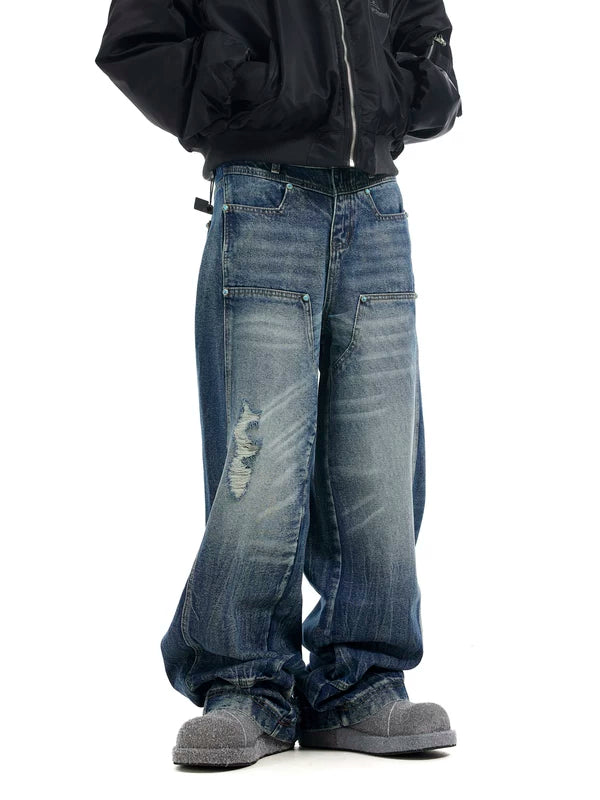 Retro Washed Ripped Baggy Wide-Leg Jeans 3