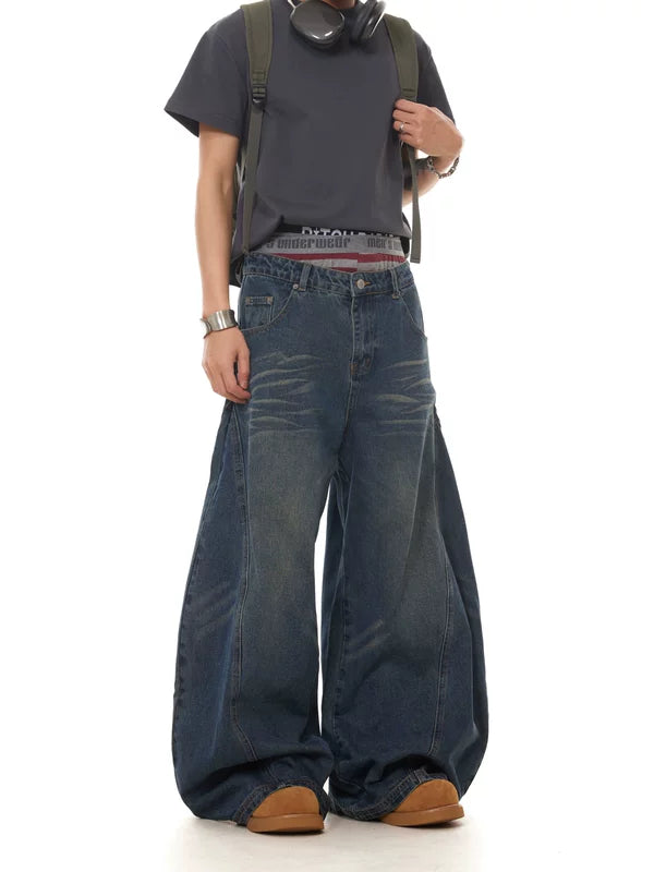 Retro Washed Wide-Leg Curved Denim Pants 1
