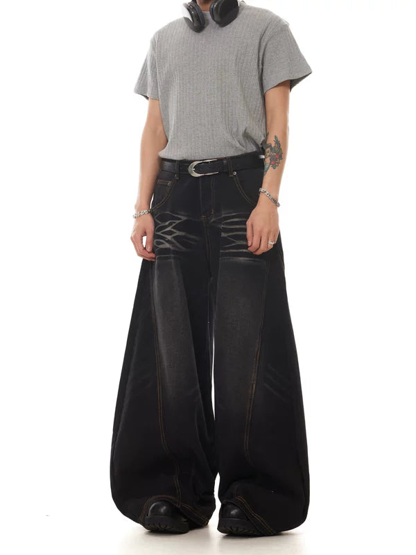 Retro Washed Wide-Leg Curved Denim Pants 2