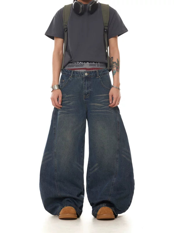 Retro Washed Wide-Leg Curved Denim Pants 3