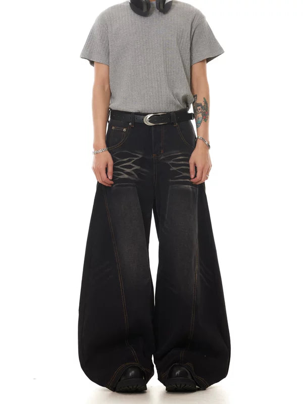 Retro Washed Wide-Leg Curved Denim Pants 4