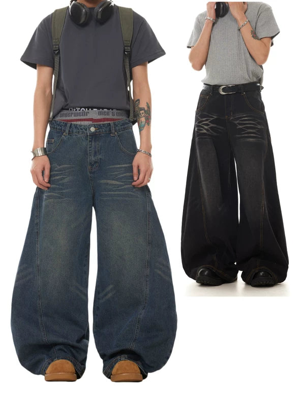 Retro Washed Wide-Leg Curved Denim Pants 5