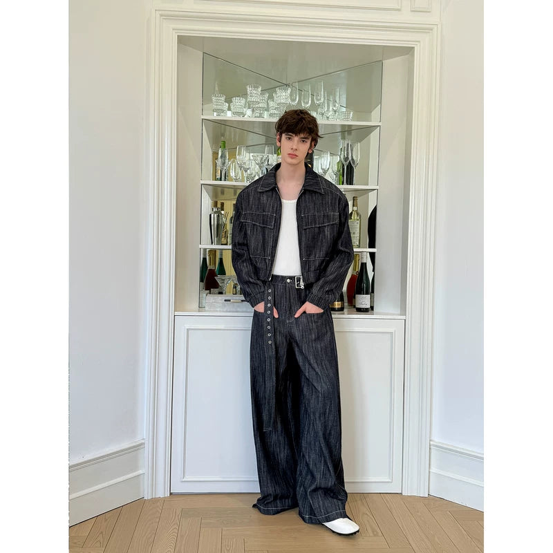 Retro Wide-Leg Denim Suit with Belt 3