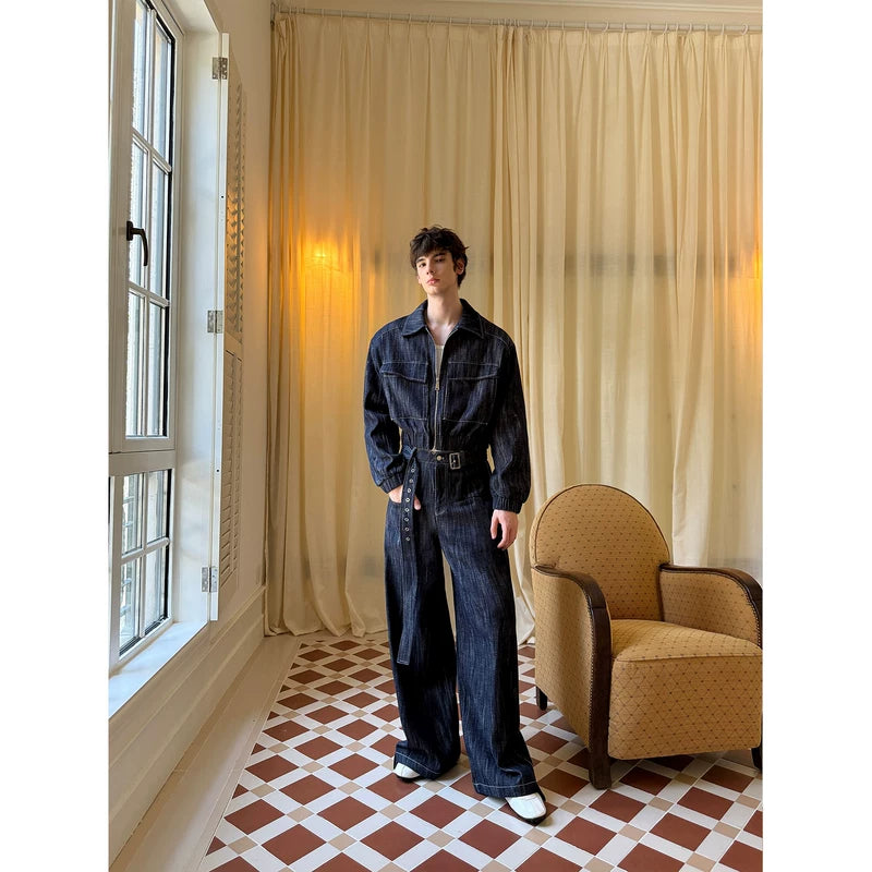 Retro Wide-Leg Denim Suit with Belt 4