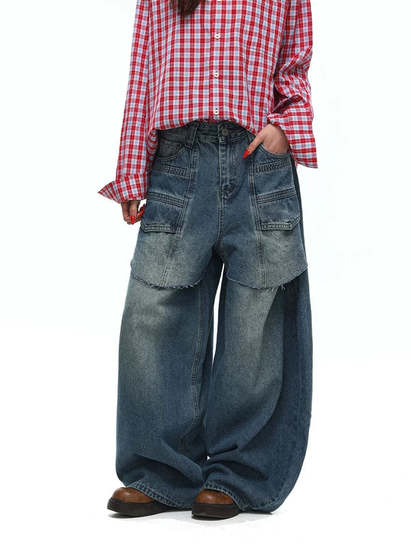 Retro Wide-Leg Patchwork Baggy Jeans Pants 2