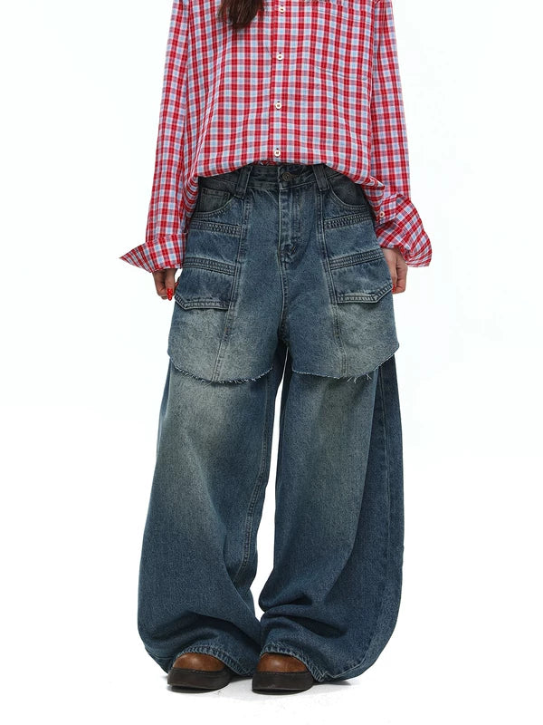Retro Wide-Leg Patchwork Baggy Jeans Pants 4