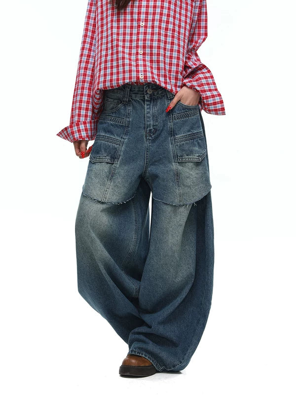 Retro Wide-Leg Patchwork Baggy Jeans Pants 5