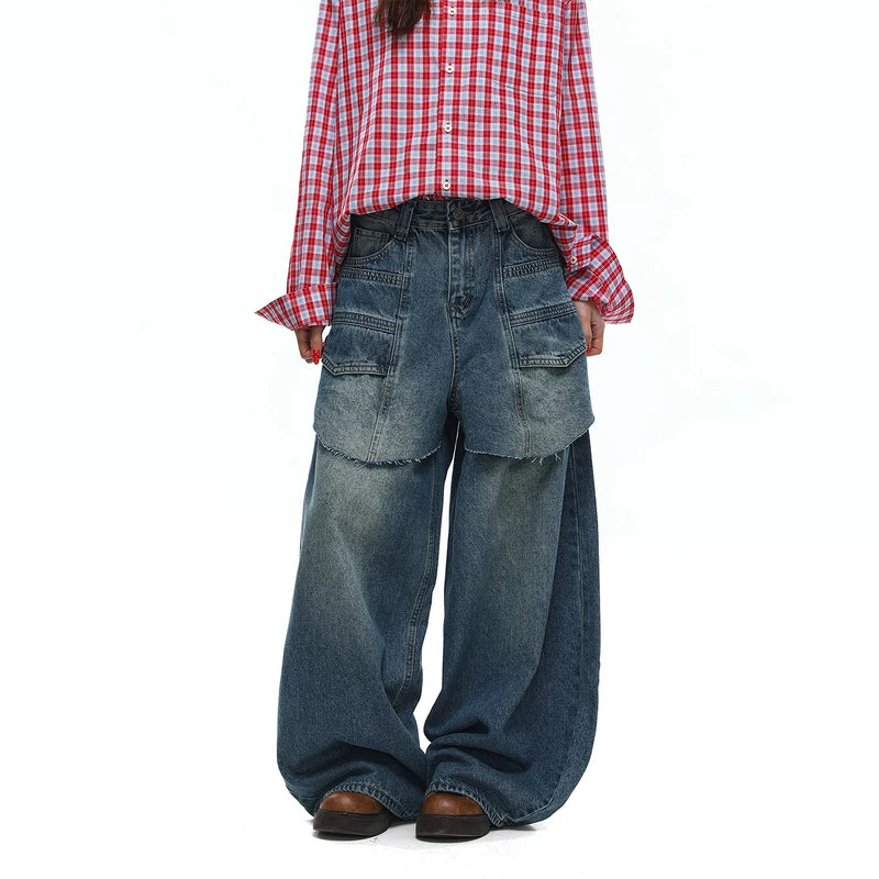 6180865747483,6180865747484,6180865747485,6180865747486, Retro Wide-Leg Patchwork Baggy Jeans Pants